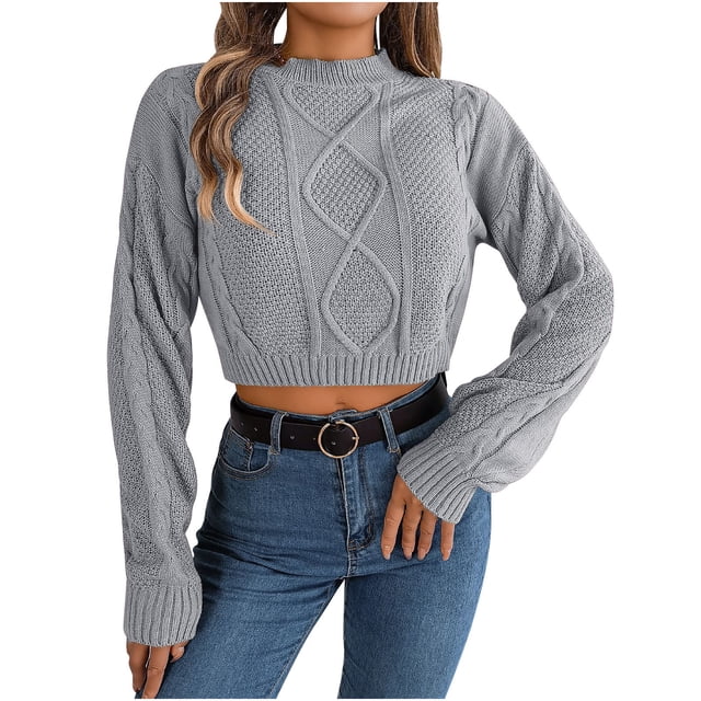 Bowake Chandail Court pour Femmes Col Rond Décontracté Tricoté Manches Longues Automne Chandail Blouse