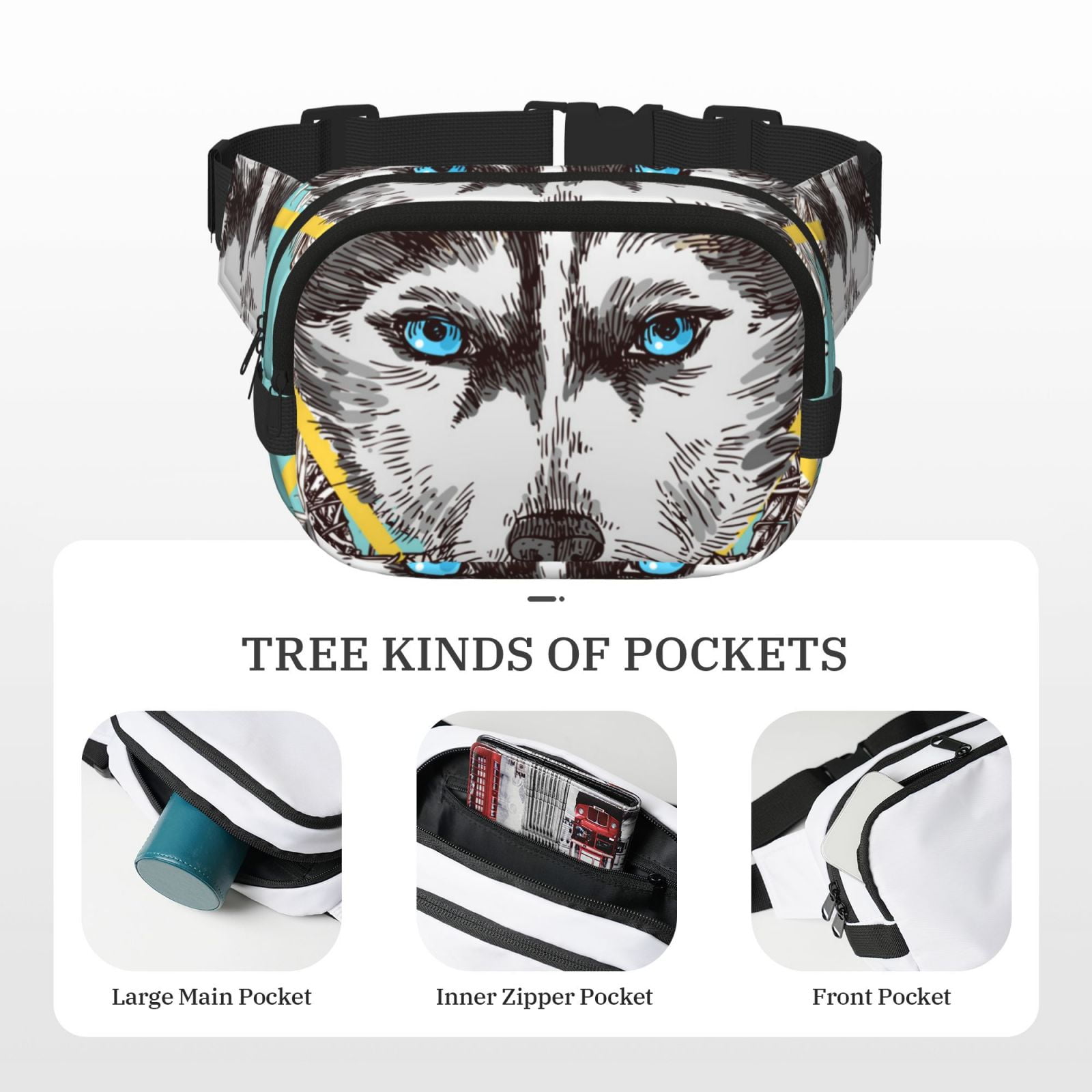 Picia Husky With Dreamcatcher Print Square Double-Layer Waist Bag Mini Adjustable Waist Belt Bag Exercise Running Travel Hiking
