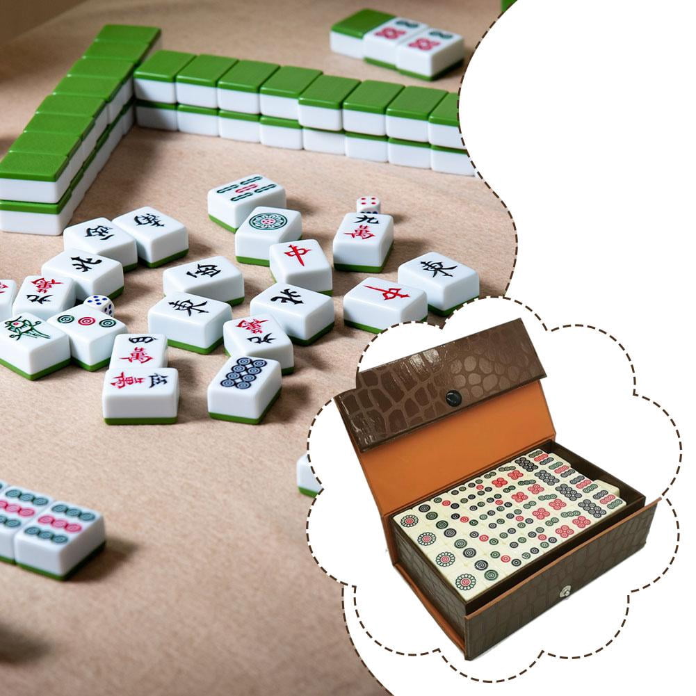 Chinese Mahjong Set with 144 Tiles Mini Mahjong Set with Brown Carrying Case Portable Lightweight Game for Travel Camping Family Gatherings Friends Party