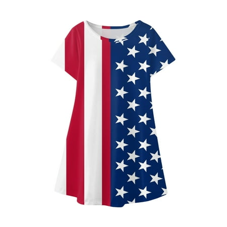 

ZCFZJW July 4th Toddler Kids Baby Girls Independence Day Dress Fashion Cute Short Sleeve Star Striped Pattern American Flag Print Beach Sun Dress #01-Dark Blue 8Years