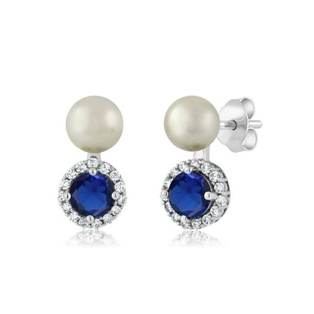 - 1.50 Ct Blue Simulated Sapphire Cultured Freshwater Pearl 925 Silver Earrings