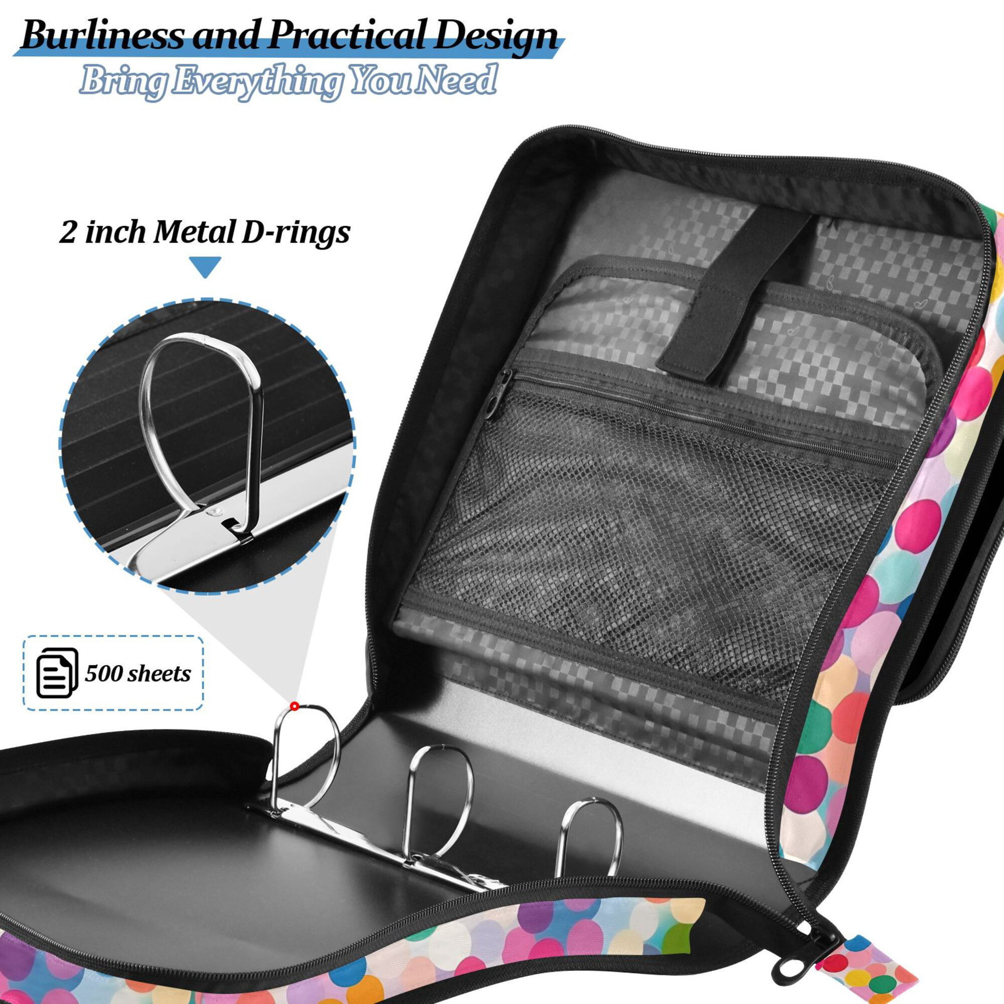 FORMRS Zipper Binder with Shoulder Strap 2-inch Ring 500 Sheet Capacity File Bag, Light Colorful Circles