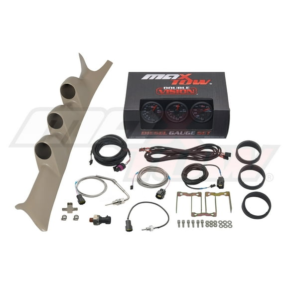 MaxTow | Tan Triple Gauge Pillar Pod for 1999-2007 Ford Super Duty Powerstroke with MaxTow Black & Green Double Vision Series 60 PSI Boost Gauge, 1500 F EGT Pyrometer and Trans Temp Gauge