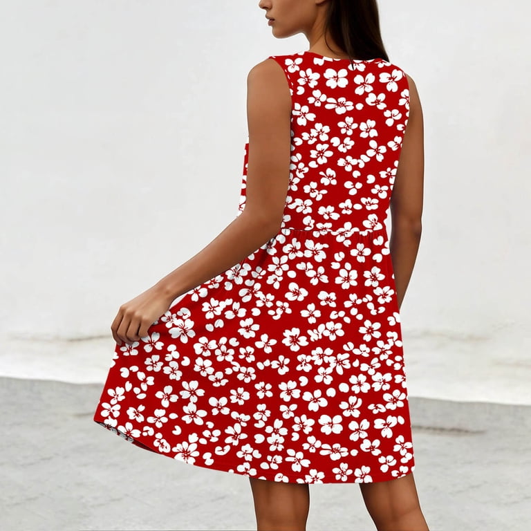 polyester dresses summer IFNWSV Womens Dresses Summer Fashion Print V Neck Sleeveless Loose Ruched  Knee Length Polyester Dress Multicolor 2XL