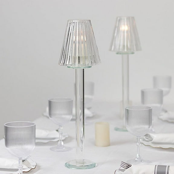 BalsaCircle 2 Clear 11" Crystal Glass Votive Tealight Taper Candle Stands in Ribbed Vintage Table Lamp Shape Wedding Party Centerpieces