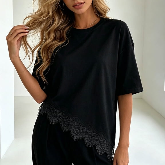 Zulora Women's Lace Trim Oversized Short Sleeve T-Shirt
