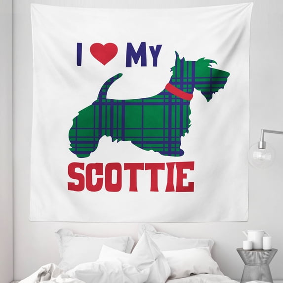 Scottie Dog Tapestry, I Heart My Scottie Message Tartan Pattern Built in Dog Silhouette, Fabric Wall Hanging Decor for Bedroom Living Room Dorm, 5 Sizes, Dark Blue Green and Ruby, by Ambesonne