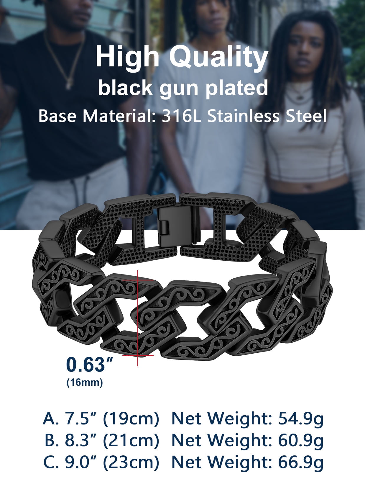 ChainsProMax Men Celtic Knot Bracelet, 316L Stainless Steel/Black Mens Jewelry Gift, 16mm Width, 7.5"-9"