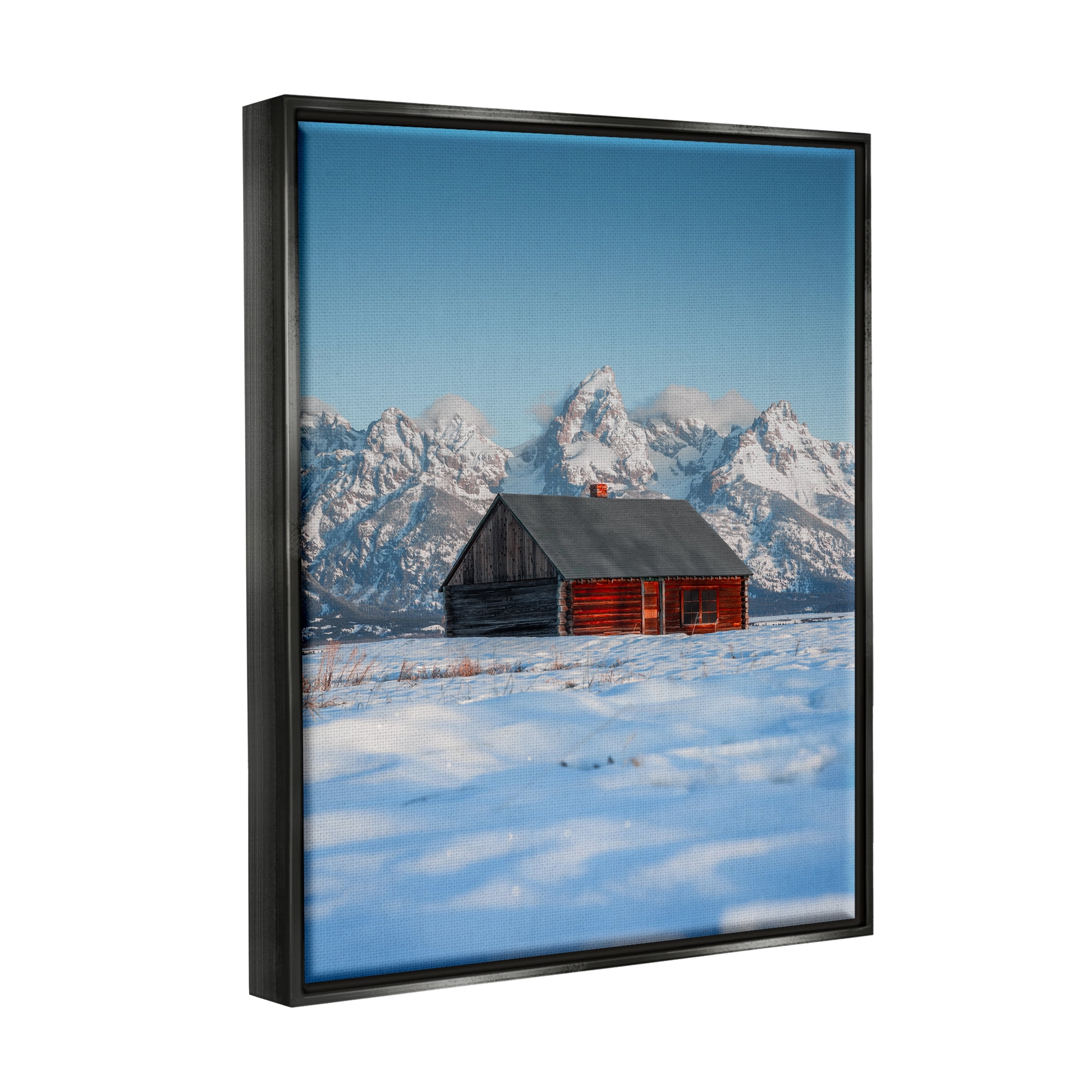 Stupell Industries Cabin in Snowy Mountains Landscape Photography Black Floater Framed Canvas Art Print Wall Art, 17 x 21
