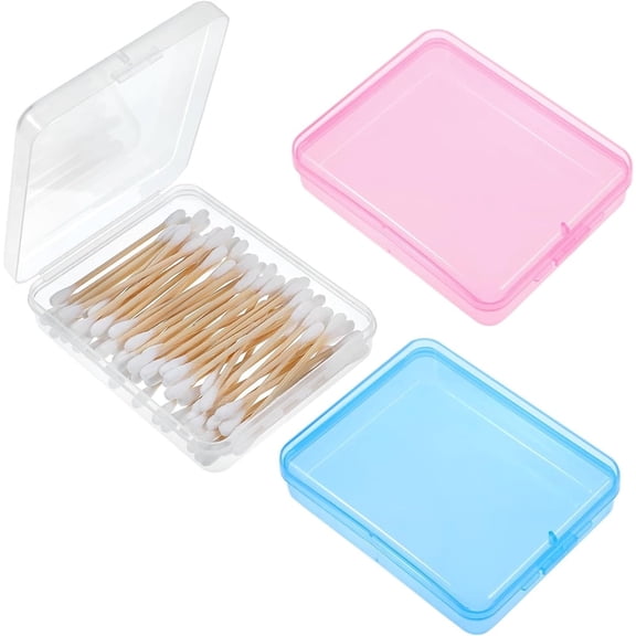 NOGIS 3 Pack Travel Cotton Swab Qtip Holder, Portable Hair Tie Organizer with Lid, Flosser Dispenser, Lightweight Storage Organizer for Bathroom Vanity Countertop (Clear/Blue/Pink)