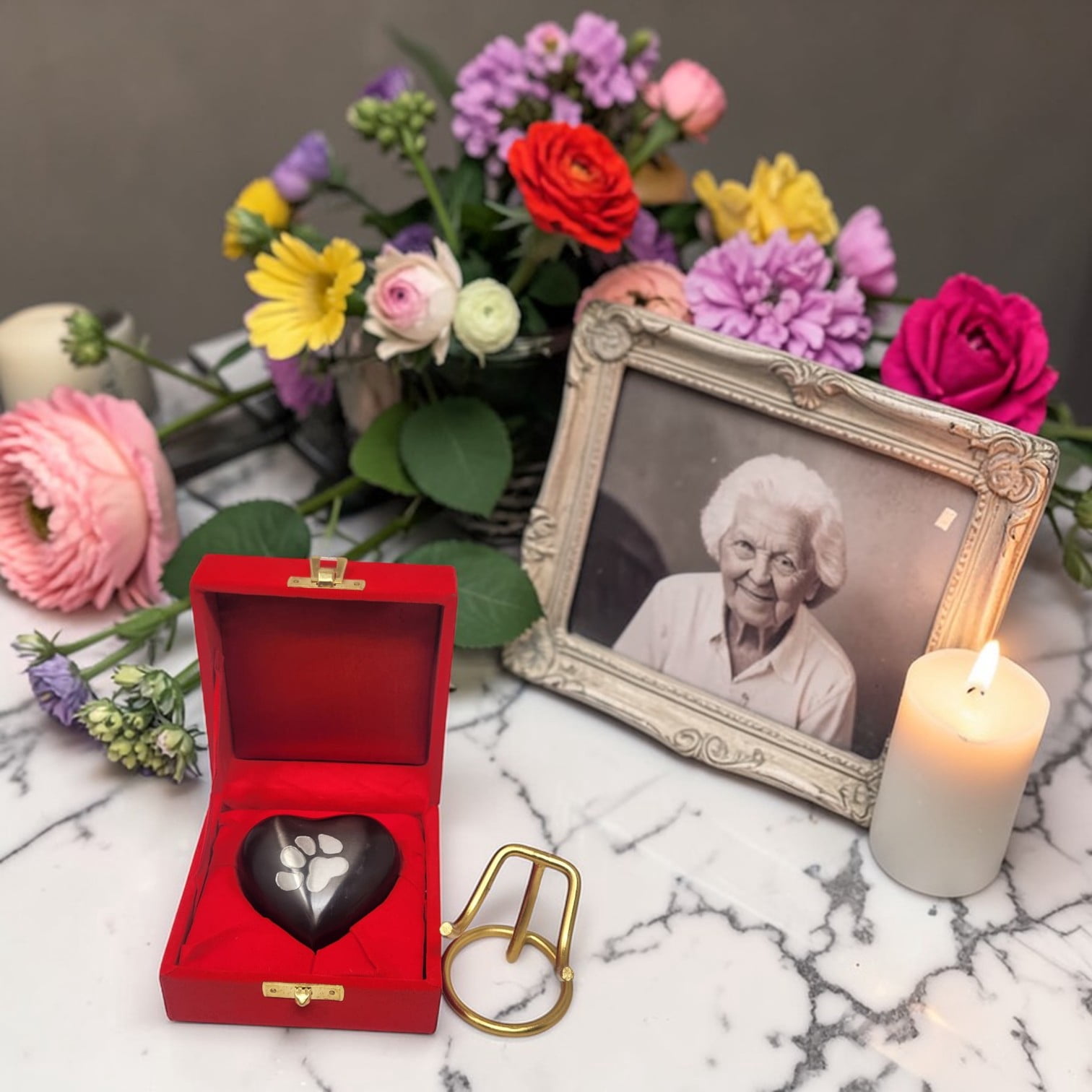 SMIURNS Matte Black Heart Pet Cremation Urn - Small Keepsake Urn for Dog or Cat Ashes with Hand-Engraved Silver Paw Print - Includes Red Velvet Box and Display Stand