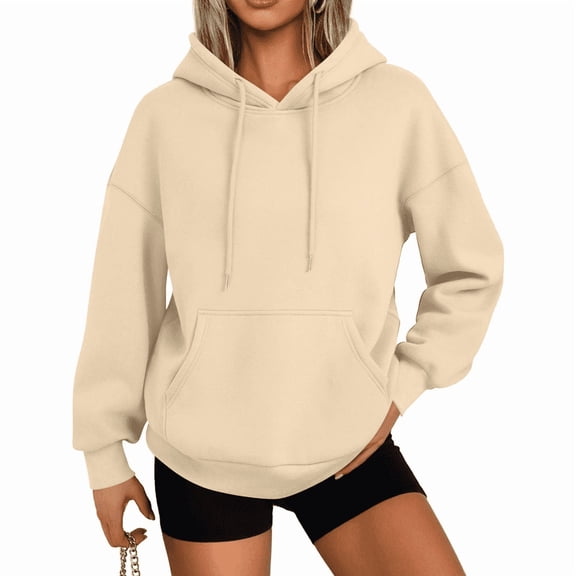 Womens Solid Trendy Hoodies Fall Casual Long Sleeve Hooded Sweatshirts Loose Comfy Trendy Pullover Tops with Pockets