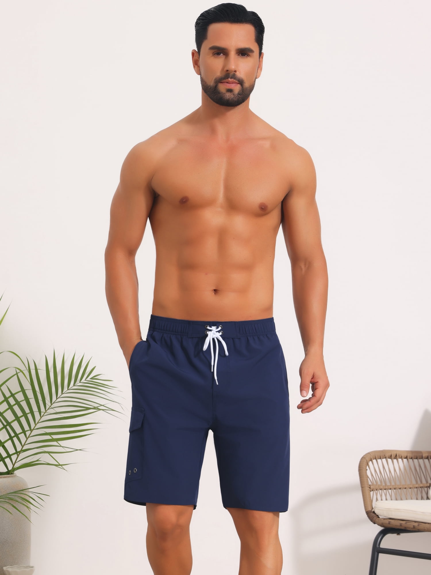 DARING DIVA Men's Multiple Pockets Beach Drawstring Waist Summer Board Shorts 36 Dark Blue