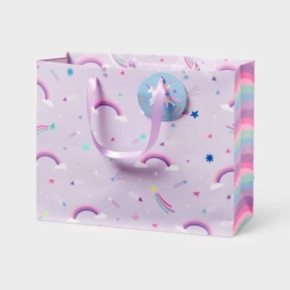 Large Unicorn Rainbow Birthday Gift Bag with Tag Purple