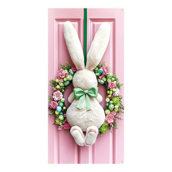 Moocorvic 2Pcs Large Easter Bunny Door Covers Decorative, Happy Easter Party Supplies Easter Welcome Door Porch Sign Banner for Spring Decor