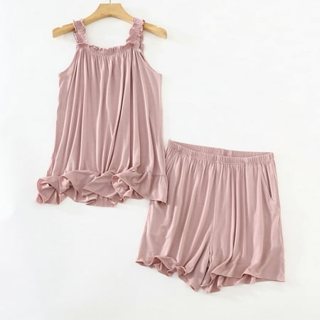 BLTIBY 2 Piece Sets for Women Summer Solid Color Loose Sleeveless Cami Shirts Wide Leg Shorts Matching Set with Pockets Vacation Outfits Pink L