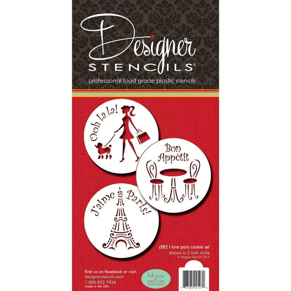 Designer Stencils I Love Paris Cookie Stencil Set, Beige/Semi-Transparent, fits 3 inch circle