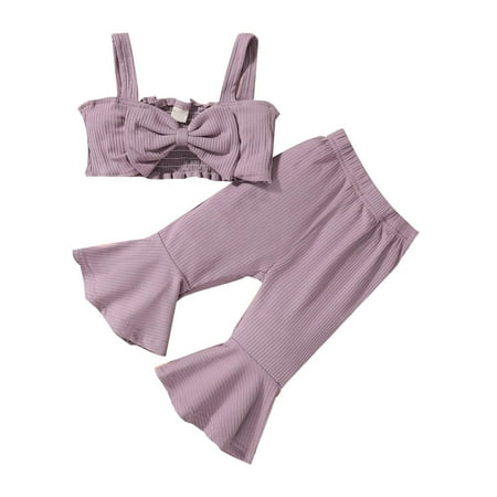 

REORIAFEE Toddler Girl Clothes Toddler Kids Baby Boys Girls Fashion Cute Solid Color Bow Cropped Top Flared Pants Cotton Casual Suit Purple 6-12 Months