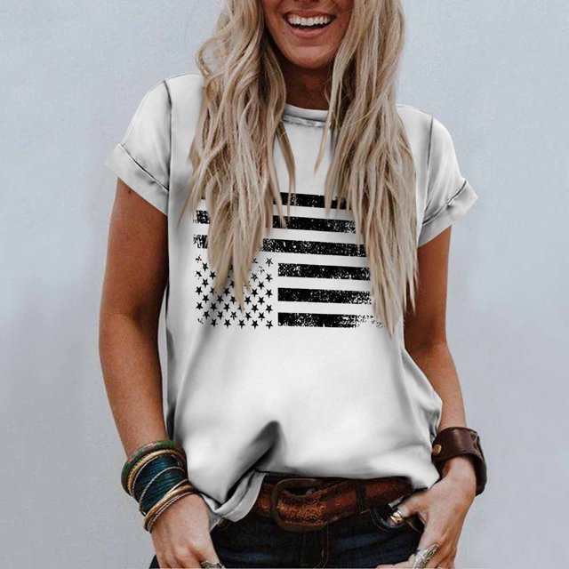 Lenago Hauts d'Été Grande Taille Mignons pour Femmes Mode Décontractée Blouse Ample Jour de l'Indépendance Impression Drapeau Col Rond T-Shirt Chemises Blouse Imprimée Tee Tenues du 4 Juillet pour Femmes