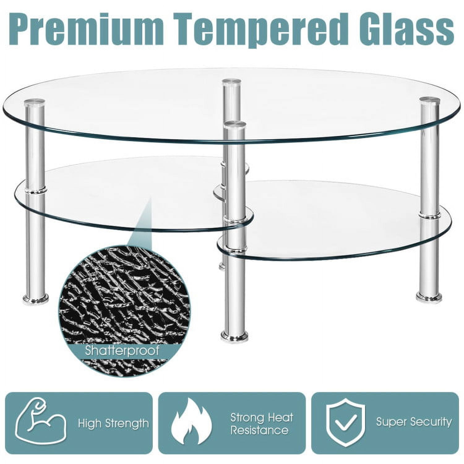 Yardi Yard Modern Oval 2-Tier Tempered Glass Coffee Table with Storage Side Shelf and Metal Legs for Living Room Clear