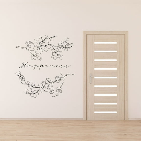 Happiness Life Quote Cherry Blossom Japanese Flower Sakura Wall Sticker Art Decal for Girls Boys Kids Room Bedroom Nursery House Fun Home Decor Stickers Wall Art Vinyl Decoration Size (28x30 inch)