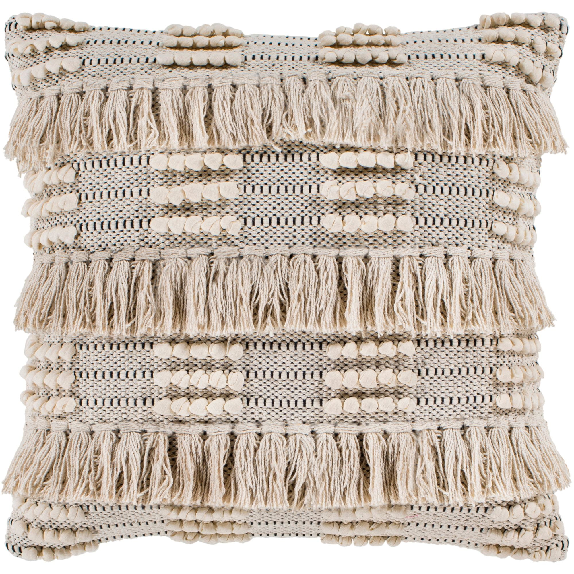22" Tan Beige and Black Fringe Tassels Square Throw Pillow Cover