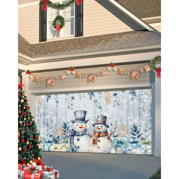 Garage Door Banner Cover 7 x 16 ft, Blue Christmas Snowman Gift Flower Holly Eucalyptus Wood Grain Christmas Garage Door Decorations Holiday Christmas Backdrop Decor for Winter New Year Xmas Party