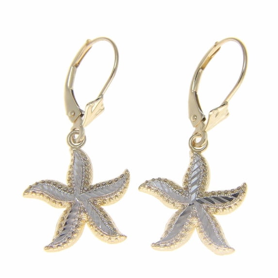14K yellow gold white gold diamond cut 15mm Hawaiian starfish leverback earrings