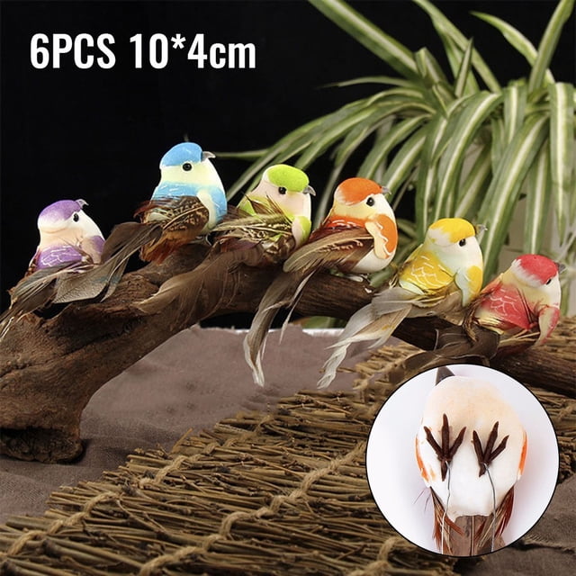 Ruibeauty 6Pcs Fake Feather Bird Xmas Tree Decor Perched Woodland Birds Decor Adornment