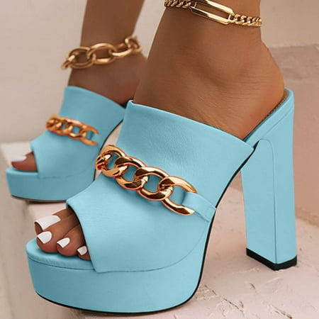 

Alueeu Women s sandals Ladies Fashion Decorative Solid Color Metal Chain Chunky Heel High Heel Fish Mouth Sandals