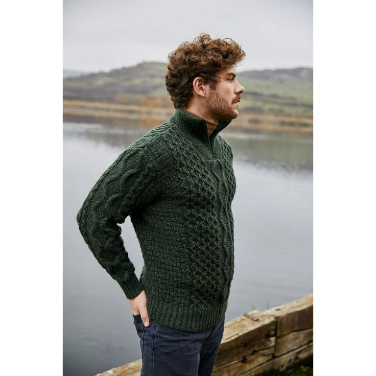 SAOL Aran Irish Fisherman Sweater Men's 100% Merino Wool Zip Neck Cable  Knit Cardigan Made in Ireland