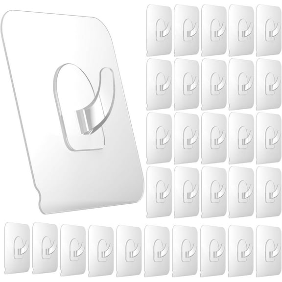 30 Pack Adhesive Hooks for Hanging, 22lb Heavy Duty Wall Hooks, Clear Plastic Sticky Utility Hook for Home Kitchen Bathroom Office Use