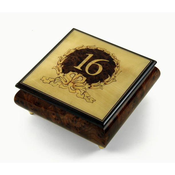 Sweet 16 Centered in Gold Wreath Sorrento Inlaid Music Jewelry Box - Happy  Birthday