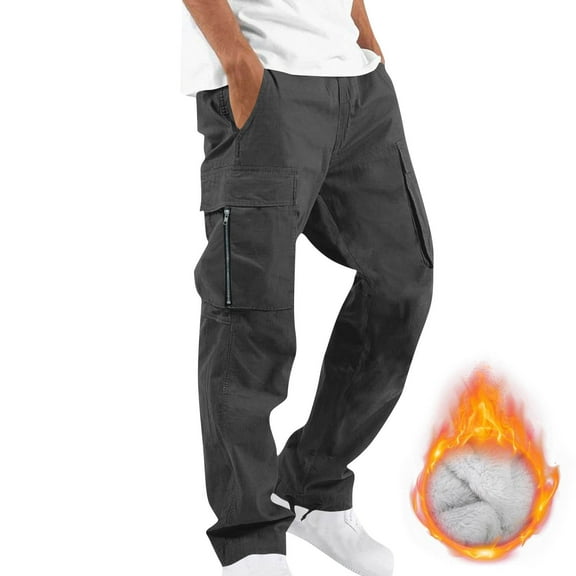 Fnooota Mens Cargo Pants, Thermal Elastic Waist Fleece Lined Casual Winter Pants with Pockets Dark Gray Size S-2XL