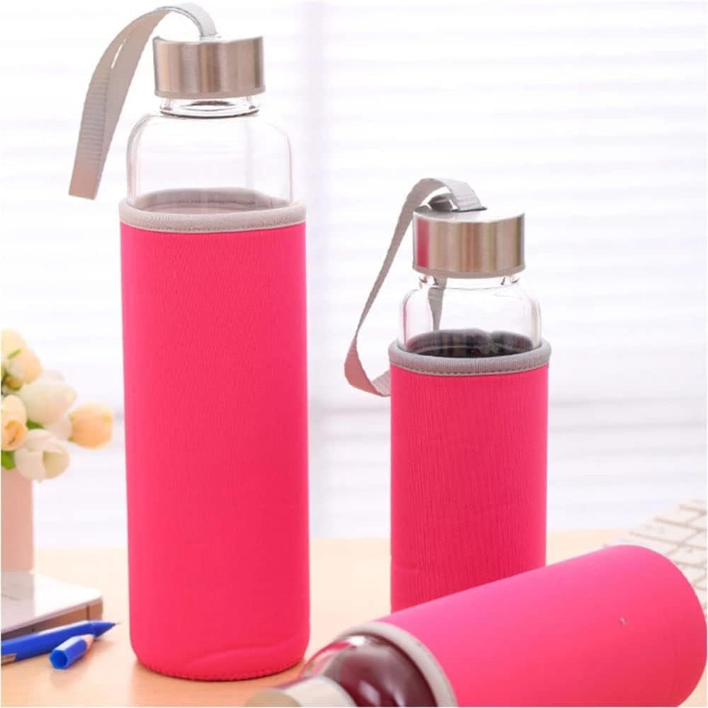Glass Water Bottle, 360ml/420/550ml Sport Bottle with Stainless Steel Lid and Protective Bag for to Go Travel Gym Home (Navy Blue, 420ml)