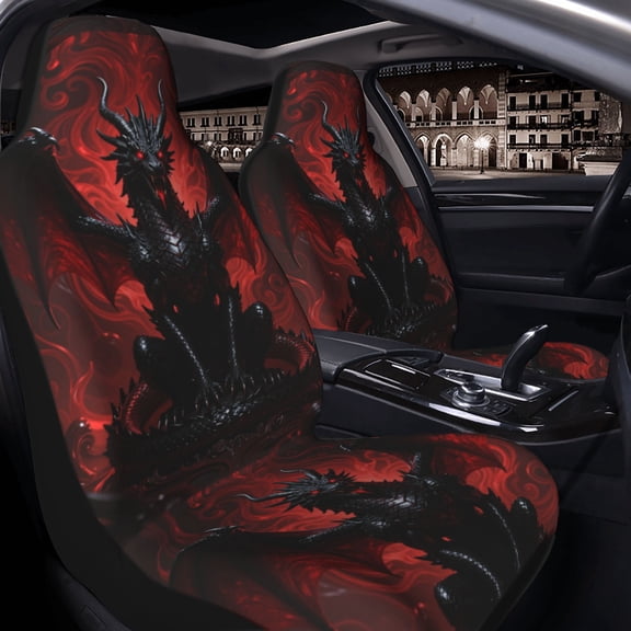 Black Dragon Statue Car Seat Covers Set of 2 for Women and Men, Universal Fit Bucket Seat Protectors for Cars, SUVs, Sedans and Trucks, Soft Breathable Polyester, Front Seats Only