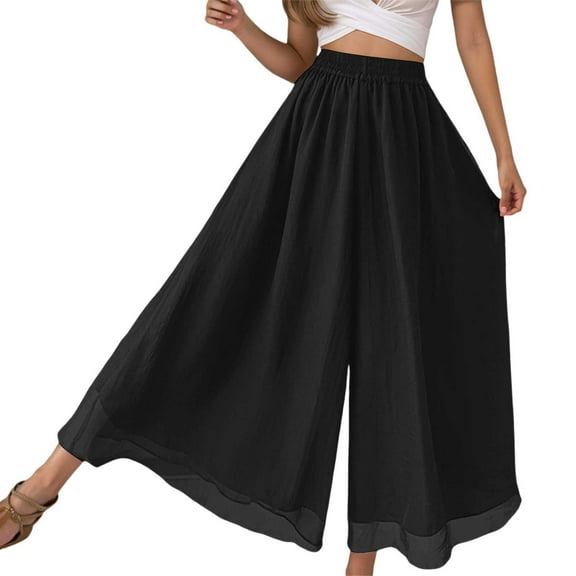 Hpapadks Women's Pants High Waist Solid Float Flowy Beach Elastic Waist Wide Leg Chiffon Palazzo Pant Womens Slacks Black L