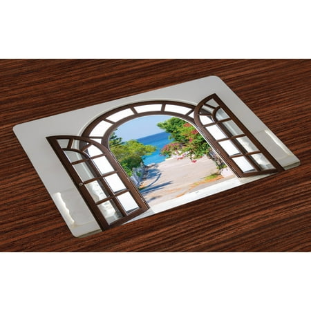 Summer Placemats Beach Placemats Set of 4 Ocean Sea View from Summer Season Italian Design in Garden Image, Washable Fabric Place Mats for Dining Room Kitchen Table Decor,Brown White and Pale Blue, by Ambesonne ()