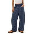 thumbnail image 2 of Barrel Sweatpants Women High Waisted Wide Leg Lounge Pants Summer Drawstring Waist Contrast Patchwork Pants w/Pockets Navy 2XL, 2 of 7