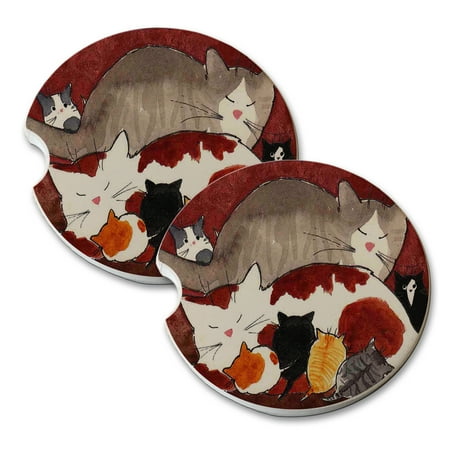 - KuzmarK Sandstone Car Drink Coaster (set of 2) - Shorthair Mama Cats and Kittens Cat Art by Denise Every