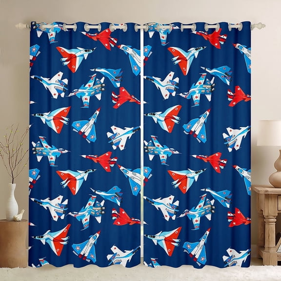 Manfei 3D Airplane Black Out Curtains,American Aircraft Curtains Pack of 2 (42x63 Each),Red Blue Bedroom Curtains For Teens,Luxury Bedroom Decor