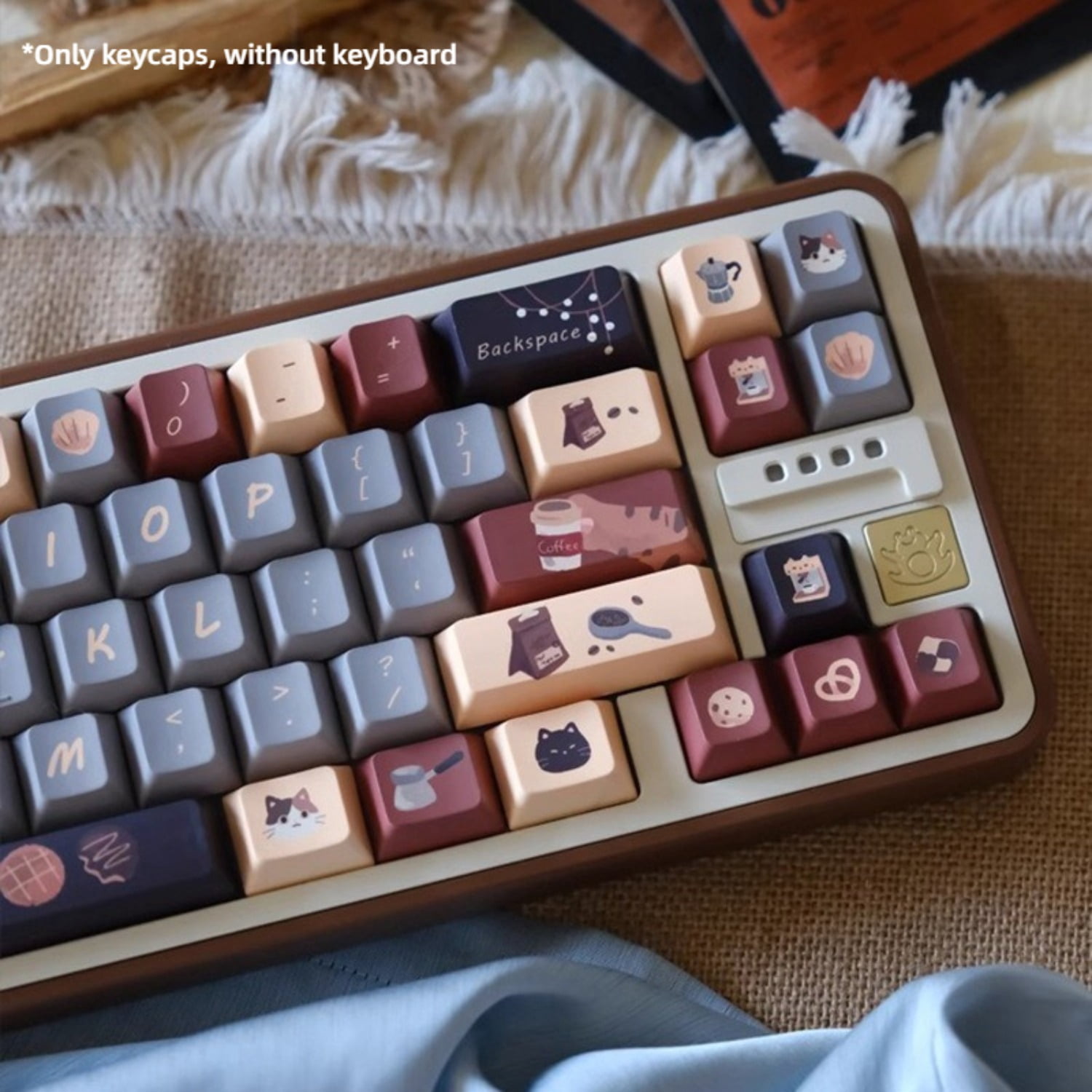 Coffee Cat Theme Keycap Full Set, 5-Side Dye-Sublimation Cherry/MOA Profile Cute Keycaps for Mechanical Keyboard