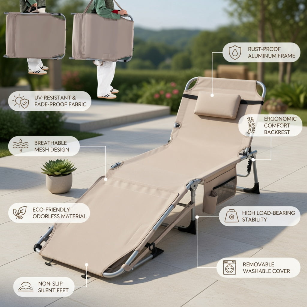 Hommoo 5-Position Adjustable Outdoor Folding Chaise Lounge Chair with Removable Pillow, Blue