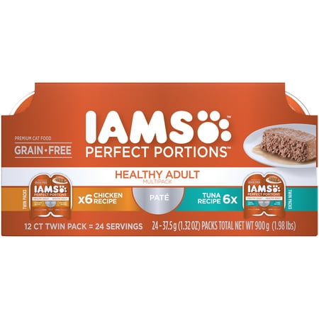 (12 Pack - 24 Servings) IAMS PERFECT PORTIONS Grain Free Adult Wet Cat Food Pate Chicken Recipe and Tuna Recipe Variety Pack, 2.6 oz. Easy Peel Twin-Pack (The Best Wet Cat Food)