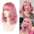 thumbnail image 1 of El aire rizado ondulado rosado golpea los bollos de pelo corto de las mujeres, peluca rosa púrpura ondas rizadas hasta los hombros cabello artificial niñas peluca de siete colores, 1 of 5