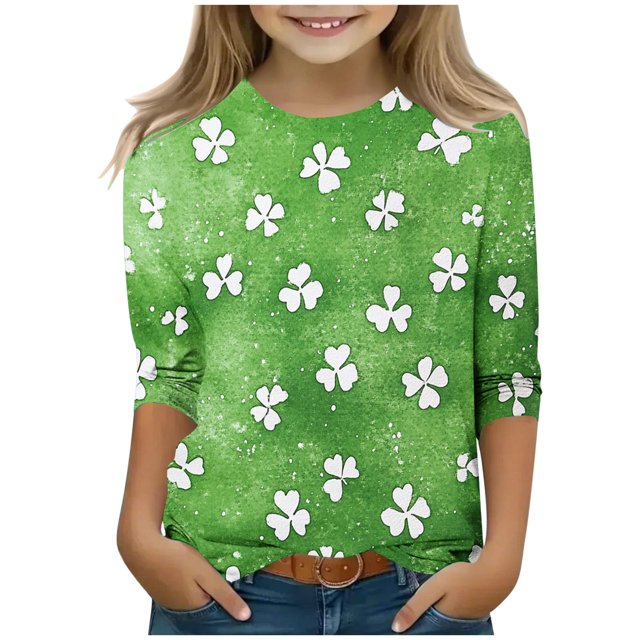 COM1950s St. Patricks Day, Children's St. Patrick's Day Casual Heart-Shaped Printed Pattern Quarter Sleeve Round Neck Top, St. Patricks Day for Kids