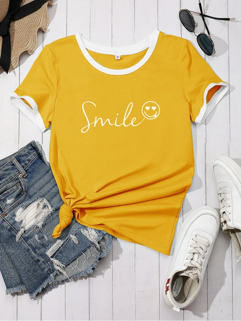 トップス smile ZXSXSY Womens Summer Cute Smile Face Funny T-Shirts Trendy Graphic
