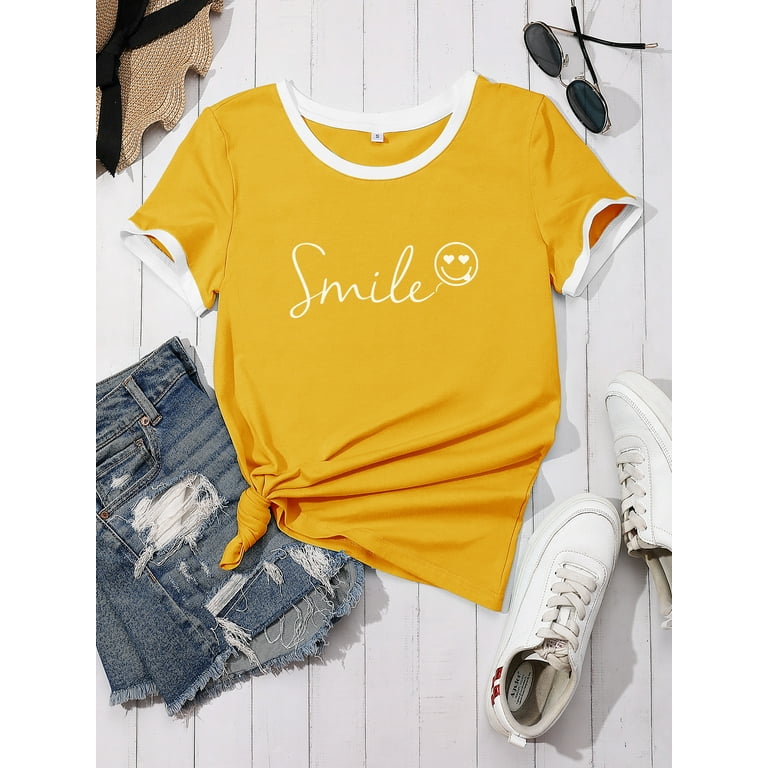 その他 Best smile ZXSXSY Womens Summer Cute Smile Face Funny T-Shirts Trendy