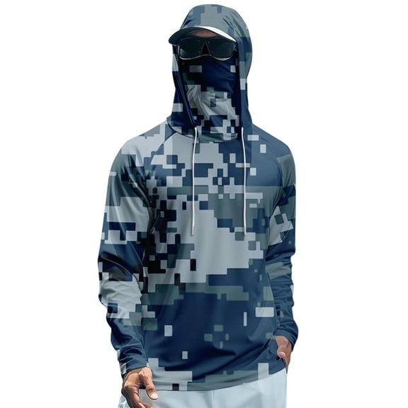 Men’s Camo UPF 50 Sun Hoodie, Moisture-Wicking Performance Fishing Shirt with Built-in Mask Navy 2XL