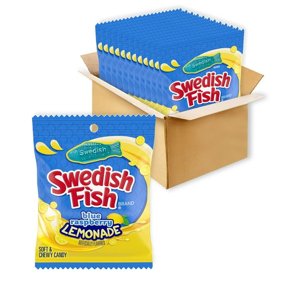 SWEDISH FISH Blue Raspberry SAF21 Lemonade Soft & Chewy Candy, Bulk Candy, 12-3.59 oz Bags